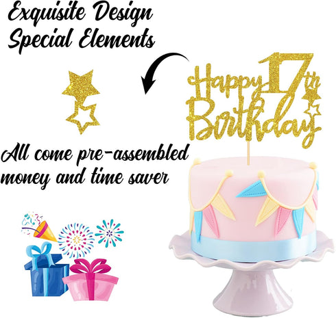 Gold Glitter Happy 17th Birthday Cake Topper - 17 Cake Topper for 17th Birthday Party Decorations