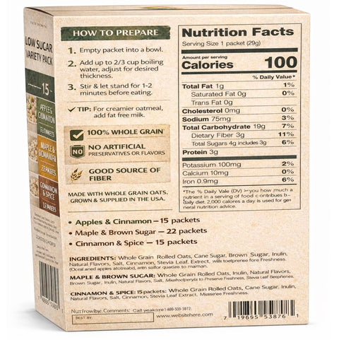 Generic Pack, 52 Packets, Instant Oatmeal Variety Apples & Cinnamon, Maple & Brown Sugar & Cinnamon & Spice, Whole
