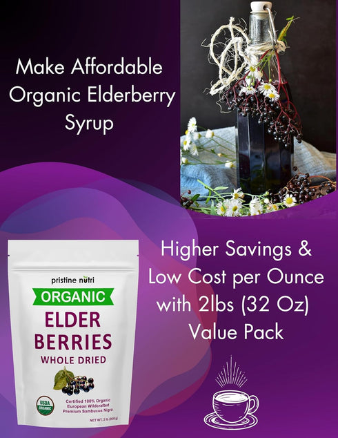 Immunity 2 lb (32 oz) Organic Elderberries Dried Bulk | Whole European Elderberry Dried, Wildcrafted All Natural |