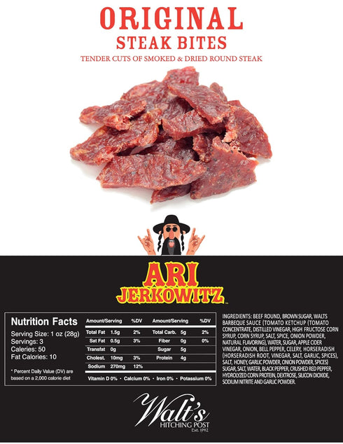 3.25 (3.25 (Pack 1)) Ari Jerkowitz Beef Jerky Original Steak Bites | by Walt's Hitching Post | Keto Friendly Tender
