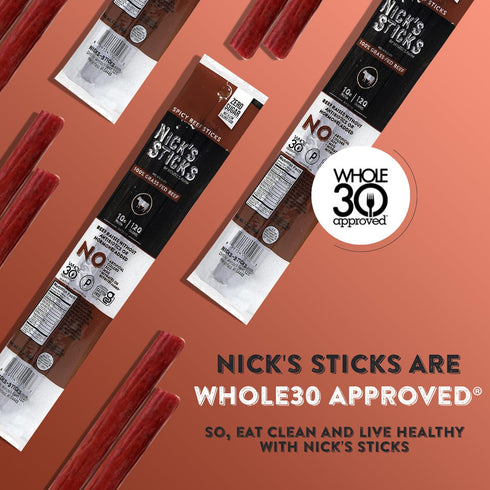 100% Whole30 (12 1.7oz. Packages 2 Nick's Sticks Clean & Balanced Grass-Fed Spicy Beef Snack Sticks | Made in the USA |