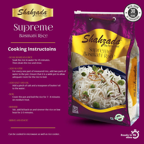 10 Lbs Shahzada Supreme Basmati Rice Extra Long Grain, Non-Sticky, Non GMO, Vegan, Gluten Free, No Cholesterol, Low