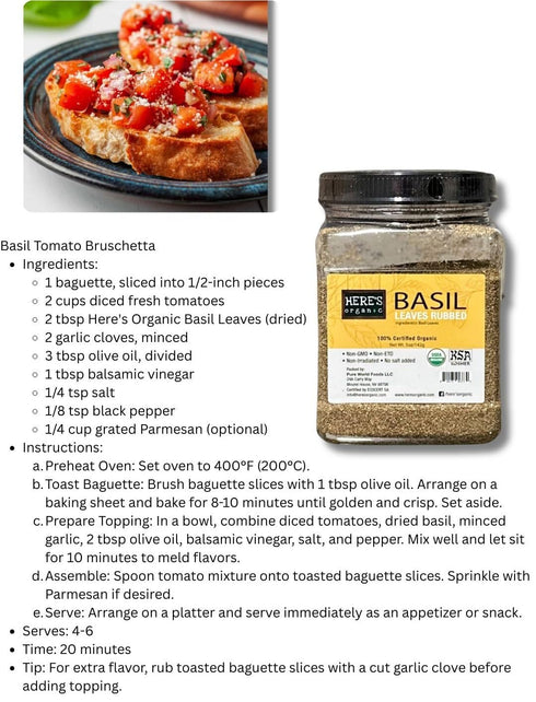 5oz Here's Organic Premium Basil Leaves Rubbed (Dried) - USDA Certified Organic | NON-GMO | Gluten Free | Kosher