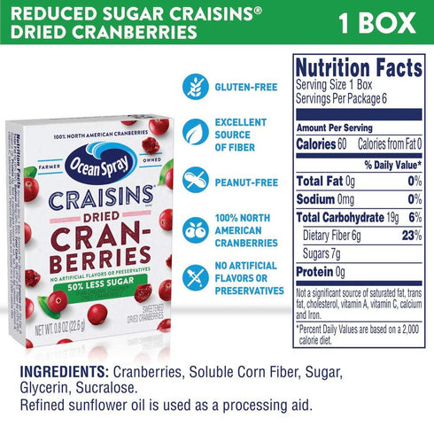 50% 0.8 Oz 6 Count (Pack 12) Ocean Spray Craisins, Less Sugar Dried Cranberries, Dried Fruit, Pouches
