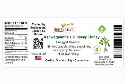 Bee Great 8 oz Ashwagandha & Ginseng Honey, Raw Honey with Adaptogens, Mild Herbal Flavor, Tea & Smoothie Sweetener