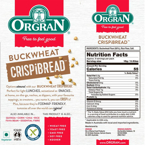 Orgran 4.4oz Gluten Free Toasted Buckwheat Crispibread | Organic Buckwheat Crispbread Vegan friendly made with purity |