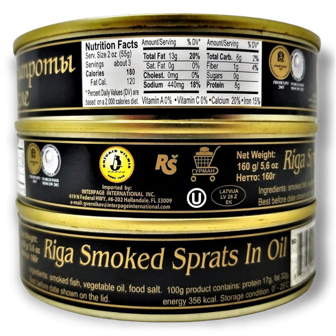 5.6 oz Pack 12, Brivais Vilnis Riga Smoked Sprats in Oil - of Product of Lativa, Kosher Wild Caught Latvian Sprats