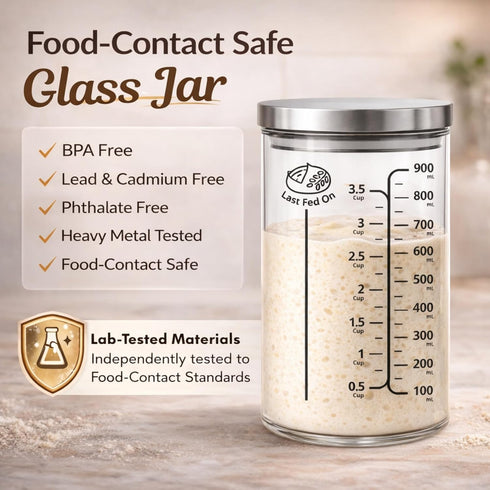KitchenPal 34Oz Sourdough Starter Jar Kit with Date Band, Thermometer & Wooden Spurtle Glass Sourdough Starter