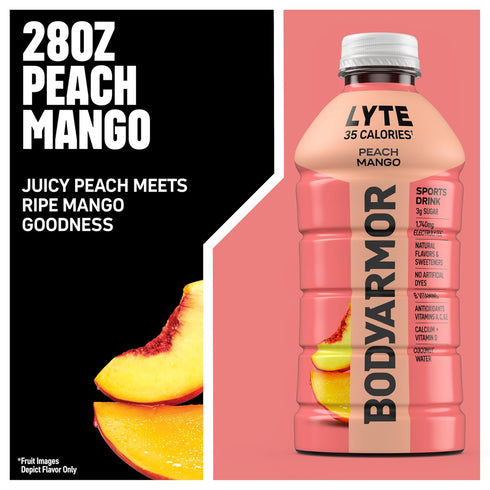 35 28 Oz (15 Pack), BODYARMOR LYTE, Peach Mango, Electrolyte Drink, Calories, Fl Bottles Coconut Water Sports Drink