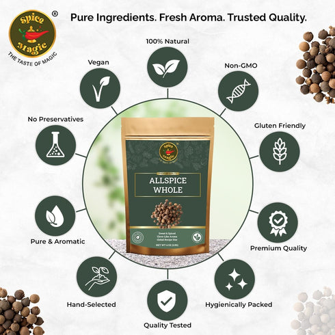 4 oz (113g) 100% packed, Spice Magic Allspice Whole, - Premium Whole Jamaican Pimento Berries for Savory and Sweet