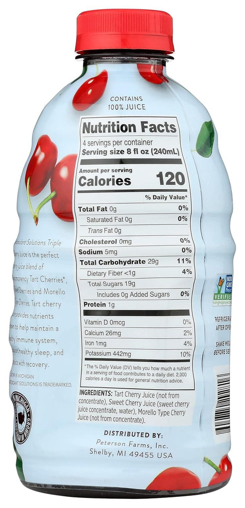 100% 32 oz (6-Pack) Antioxidant Solutions Triple Cherry Juice - No Added Sugar - High in Antioxidants - fl Bottles