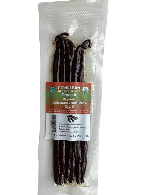 6 Organic Vanilla Beans Madagascar Grade A for Extract, Cooking and Baking