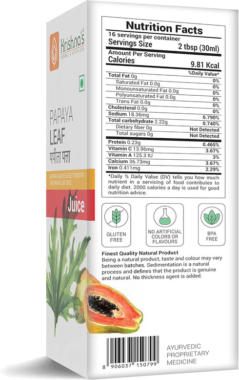 Count 500 ml (Pack 2) KRISHNA'S HERBAL & AYURVEDA Papaya Leaf Juice - Fresh Papaya Leaves Helps to Boost platelets