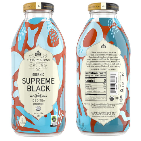 16 oz (Pack 12) Harney & Sons Organic Supreme Black Unsweetened Iced Tea, Glass Bottles