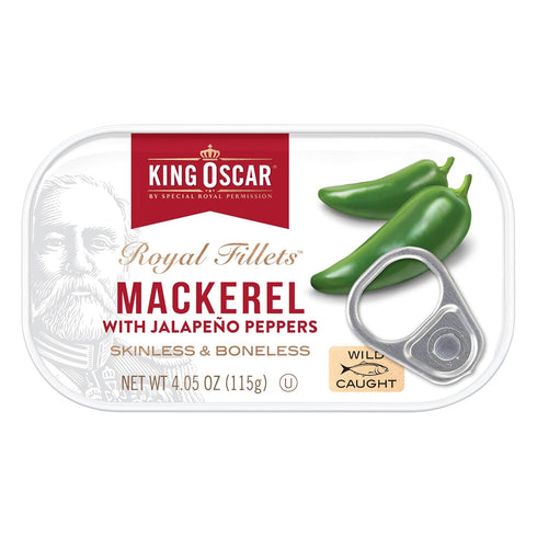 4.05 (Pack 12), (Packaging King Oscar Mackerel in Olive Oil with Jalapeo Peppers, Ounce Cans of Skinless & Boneless