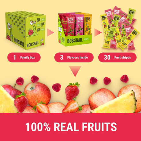 30 Pack BOB SNAIL Healthy Fruit Snacks for Kids and Adults Fruit Leather Snacks with Apple, Banana, Strawberry Vegan
