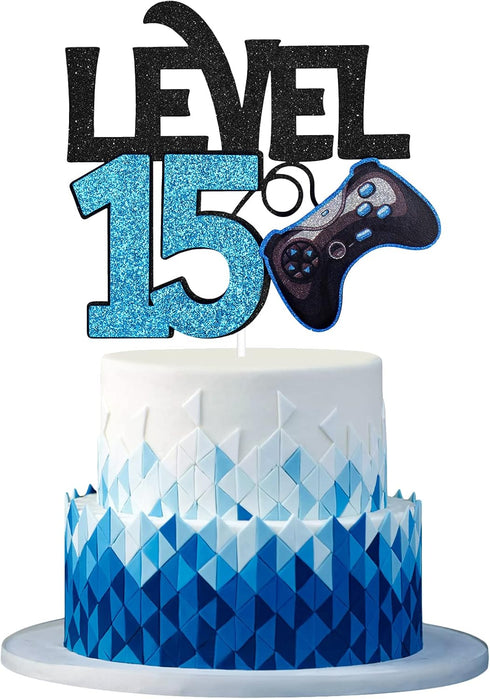 Level 15 Game Birthday Cake Topper - Video Game Boy's 15th Birthday Level Up Party Supplies - Blue Gaming Party