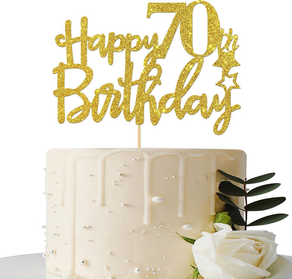 Gold Glitter Happy 70th Birthday Cake Topper, Cheers to 70 Years, Hello 70, 70 & Fabulous Party Decoration