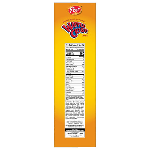Post 20 OZ Waffle Crisp Breakfast Cereal, Sweetened Waffle Shaped Cereal, Box