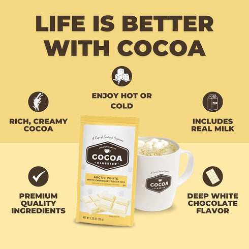 1.25oz Packets (Pack 36) Cocoa Classics Arctic White Cocoa Mix, Hot Chocolate, Made with Nonfat Milk, Just Add Hot
