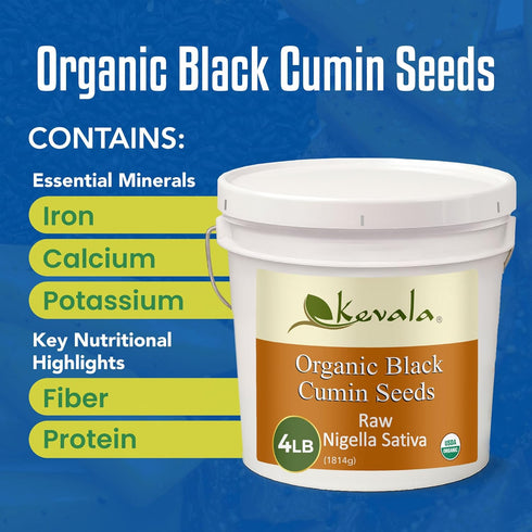 Packed 4 lb Kevala Organic Black Cumin Seeds - Nigella Sativa Seeds for Cooking and Baking at Home, Ready to Eat
