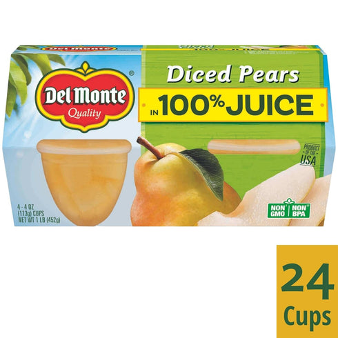 100% 4 oz Pack 24 Del Monte Diced Pears Fruit Cups in Juice, Cups