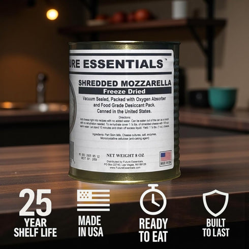 Mozzarella Mozzarella 8 oz #2.5 Future Essentials Freeze Dried Shredded Cheese Real Dairy Cheese Shredded Long Shelf
