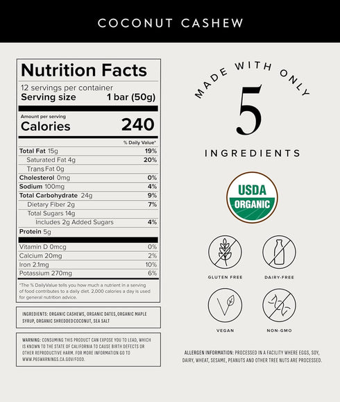 12 Pack 5g Truvani Plant Based Snack Bars | Coconut Cashew | Protein | USDA Organic and Vegan | The Only Bar | Dairy