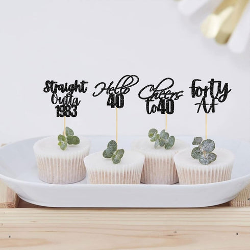 Gyufise 48 Pack Black Glitter Hello 40 Cupcake Toppers for 40th Birthday Anniversary Party Cake Decorations Supplies