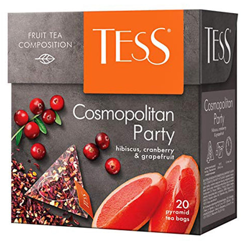 Tess Cosmopolitan Party Fruit Tea Composition with Hibiscus, Cranberry, and Grapefruit Leaf in 20 Pyramid Sachets