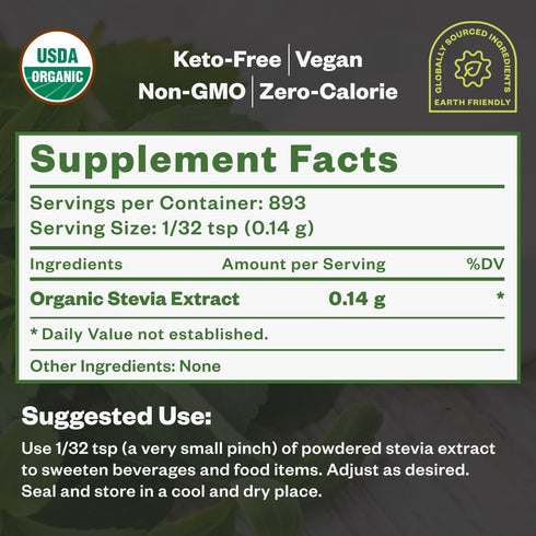 Organic Stevia Concentrated Powder, 125g, Pure Stevia Powder, Zero Calorie Sweetener, 846 Servings