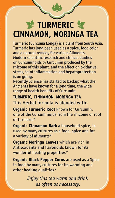 Herbal Cup Ayurveda Turmeric Tea, Organic Cinnamon Moringa, No Caffeine Herbal Supplement, 16 Count