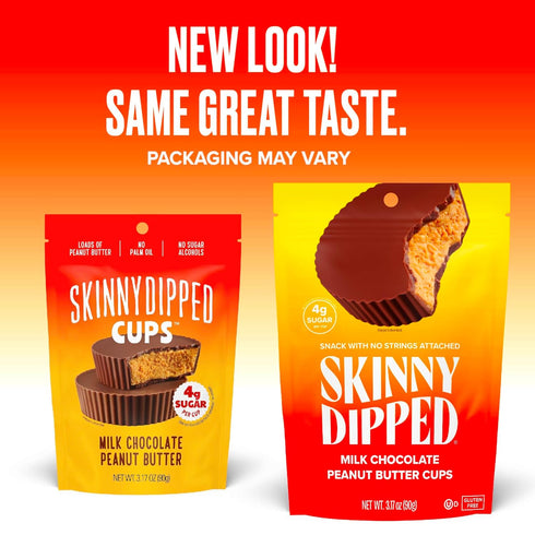 SkinnyDipped Milk Chocolate Peanut Butter Cups, Low Sugar, Gluten Free, 3.2oz Bag, 4 Pack (24 Cups Total)