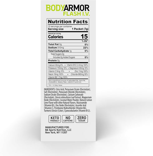 Packets, Packs, (15 Count) BODYARMOR Flash IV Electrolyte Lemon Lime - Zero Sugar Drink Mix, Single Serve Coconut Water