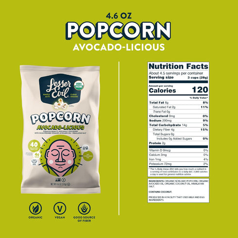 4.6 Oz, Pack 3 LesserEvil Avocado-licious Organic Popcorn, Amazon Exclusive, Premium Quality, Minimally Processed, No