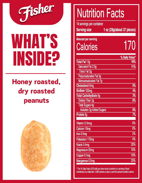 14 100% Fisher Snack Honey Roasted Dry Roasted Peanuts, Ounces, Made with Real Honey, Recyclable
