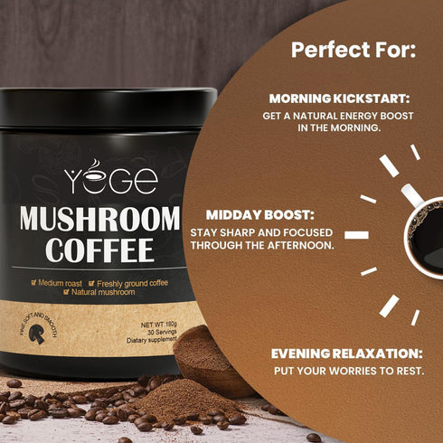 YEGE 6 Immunity30 Mushroom Coffee Organic, Mushroom Blend Cordyceps, Reish, King Trumpet, Shitake, Turkey Tail, Lions