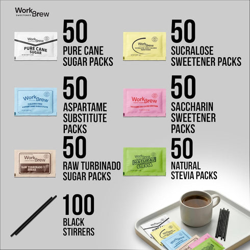 WorkBrew Packets Pack 400 Count, Sweetener Variety with Stirrers Individually Wrapped Coffee Sweeteners, Stevia, Cane
