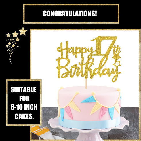 Gold Glitter Happy 17th Birthday Cake Topper - 17 Cake Topper for 17th Birthday Party Decorations