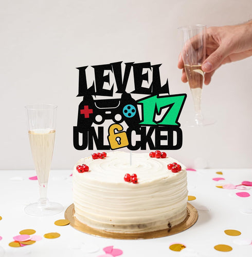 Level 17th Unlocked Sign Cake Topper - Happy 17th Birthday Decorations for Video Game Themed Party Supplies