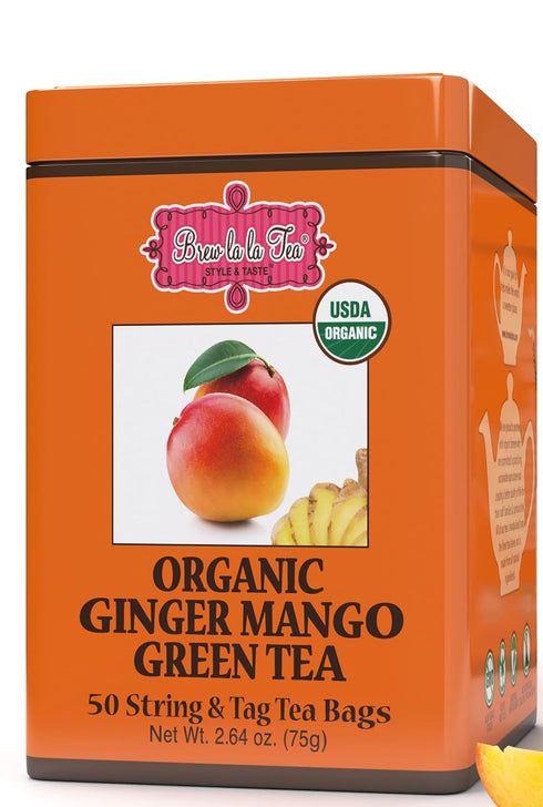 Brew La La Organic Green Tea - Ginger Mango Flavor, 50 Tea Bag Tin, Low Caffeine, USDA Certified Organic