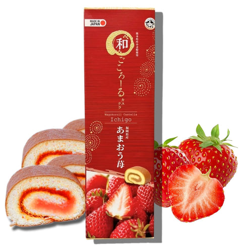 Wagokoroll Castella Roll Cake, Strawberry (Amaou Ichigo) Flavor - Authentic Japanese Confectionery,
