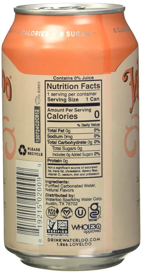 12 Pack, 144 (Pack 2) Waterloo Peach Flavored Sparkling Water, No Added Sugar, Fluid Ounces