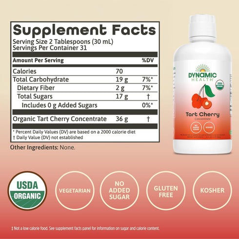 100% (32oz) Dynamic Health Organic Tart Cherry Juice, Unsweetened Juice Concentrate, Antioxidants Supplement, No