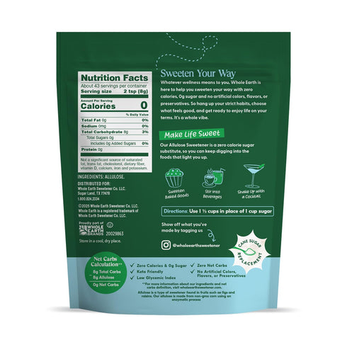 12oz Whole Earth Zero Calorie Allulose Sweetener, Zero Calorie Sugar Substitute, Keto-Friendly, Non-GMO, No Erythritol