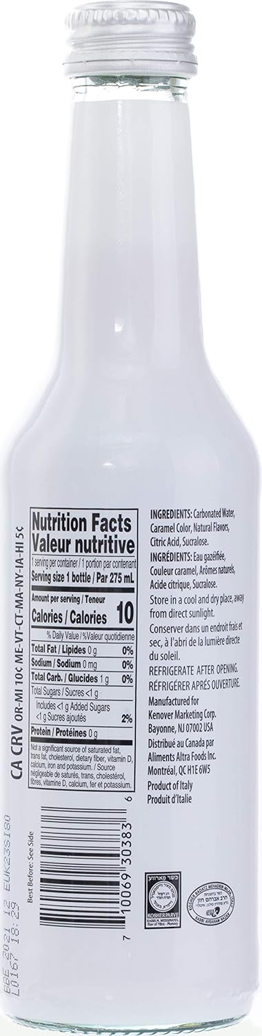 9.3oz (6 Pack) Tuscanini Italian Diet Cola Soda Naturally Caffeine Free, Aspartame Free, Elegant Glass Bottle, Great