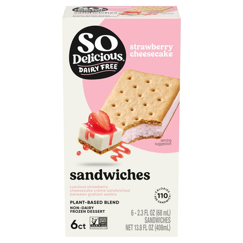 SO DELICIOUS Plant Based Blend Frozen Dessert Sandwiches, Strawberry Cheesecake, Dairy Free, Vegan Ice