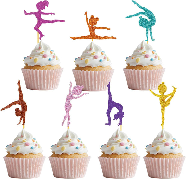 35 Pcs Girl Gymnastics Cupcake Toppers, Glitter Dancer Cake Toppers for Gymnastics Themed Birthday Baby Shower