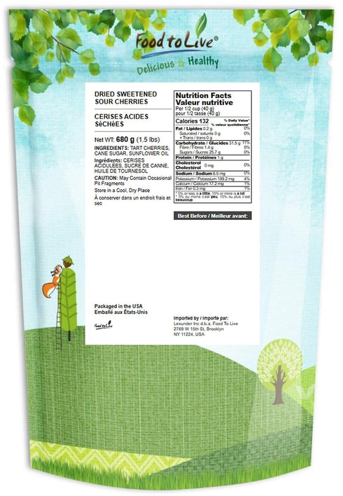 1.5 Food to Live - Dried Sour Cherries, Pounds Tart, Soft & Juicy Nature's Candy. Whole Fruit Snack. Lightly Sweetened