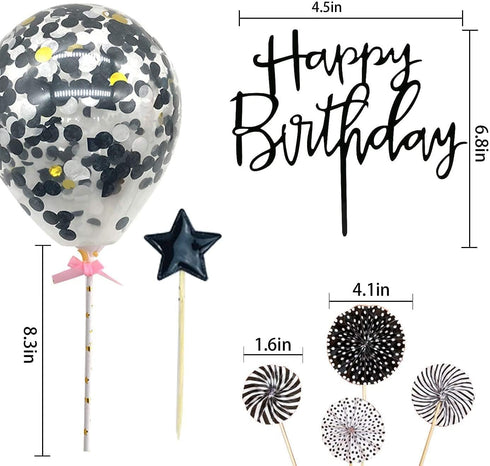 Black Happy Birthday Cake Topper Set, 11 PCS Acrylic Topper, Confetti Balloon, Cool Stars, Cupcake Picks for Dad Man